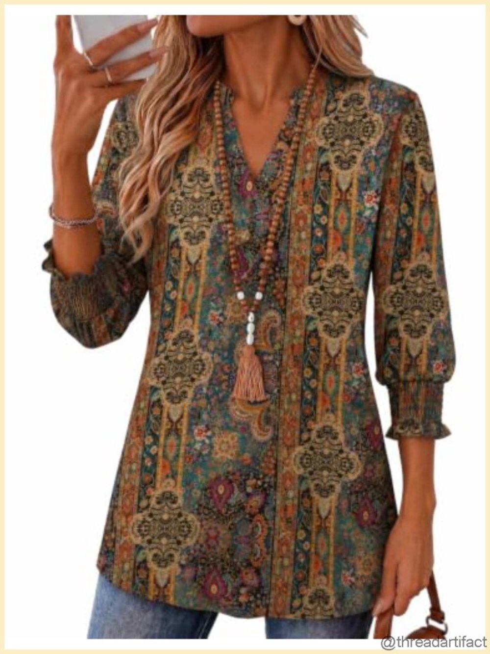 Zeagoo Womens 3/4 Sleeve Floral Tunic Top V Neck Smocked Cuffs Blouse